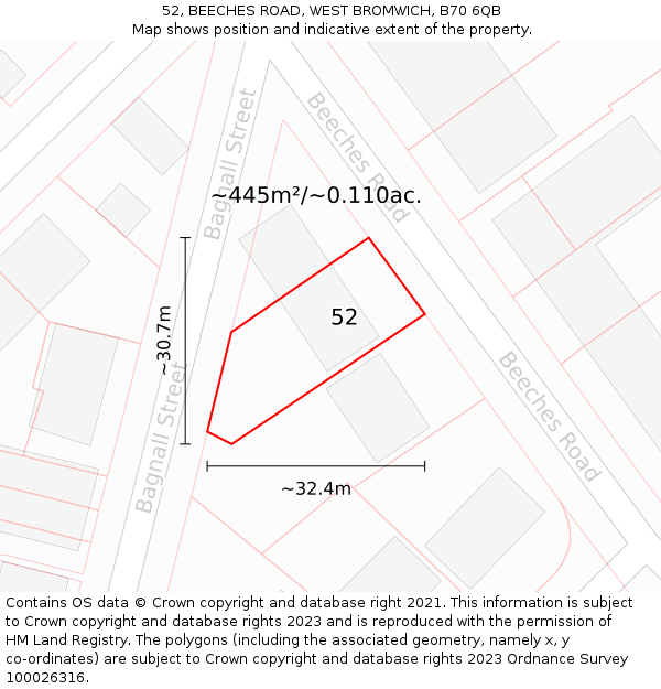 52, BEECHES ROAD, WEST BROMWICH, B70 6QB: Plot and title map