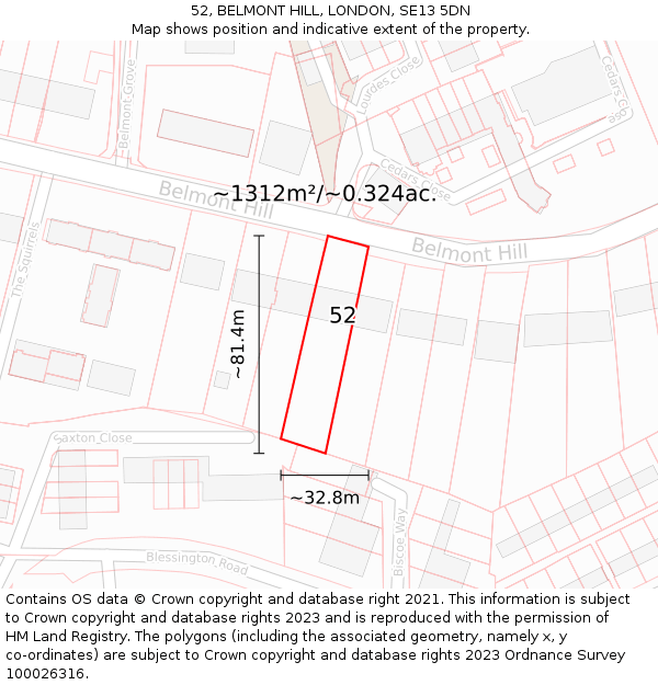 52, BELMONT HILL, LONDON, SE13 5DN: Plot and title map