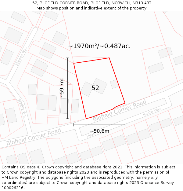 52, BLOFIELD CORNER ROAD, BLOFIELD, NORWICH, NR13 4RT: Plot and title map