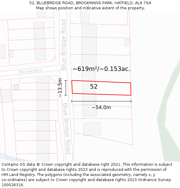 52, BLUEBRIDGE ROAD, BROOKMANS PARK, HATFIELD, AL9 7SA: Plot and title map