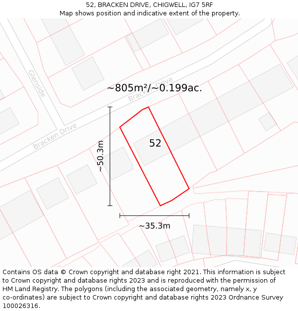 52, BRACKEN DRIVE, CHIGWELL, IG7 5RF: Plot and title map