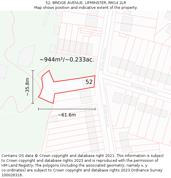 52, BRIDGE AVENUE, UPMINSTER, RM14 2LR: Plot and title map