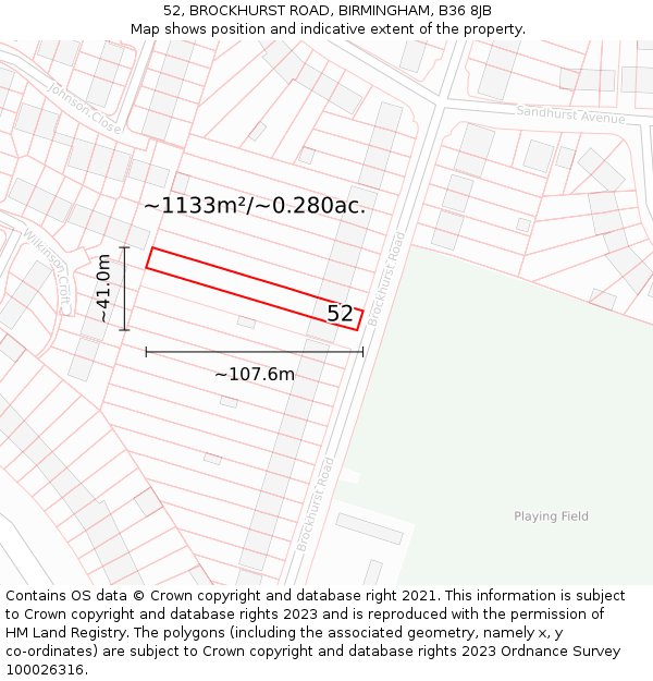 52, BROCKHURST ROAD, BIRMINGHAM, B36 8JB: Plot and title map