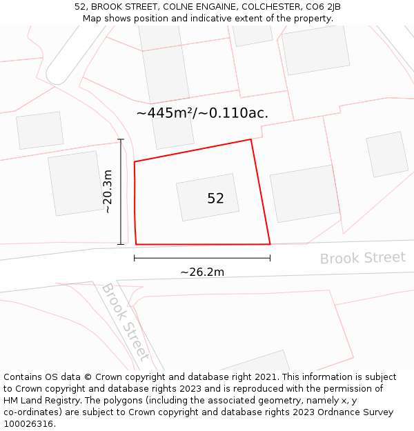 52, BROOK STREET, COLNE ENGAINE, COLCHESTER, CO6 2JB: Plot and title map