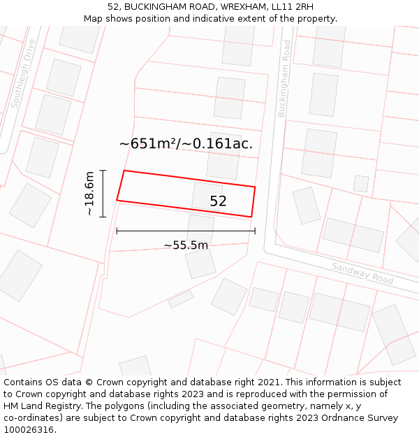 52, BUCKINGHAM ROAD, WREXHAM, LL11 2RH: Plot and title map