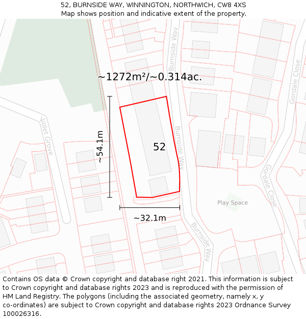 52, BURNSIDE WAY, WINNINGTON, NORTHWICH, CW8 4XS: Plot and title map