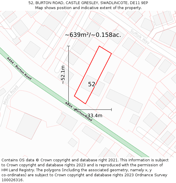 52, BURTON ROAD, CASTLE GRESLEY, SWADLINCOTE, DE11 9EP: Plot and title map