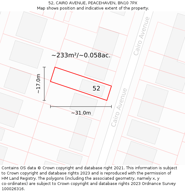 52, CAIRO AVENUE, PEACEHAVEN, BN10 7PX: Plot and title map