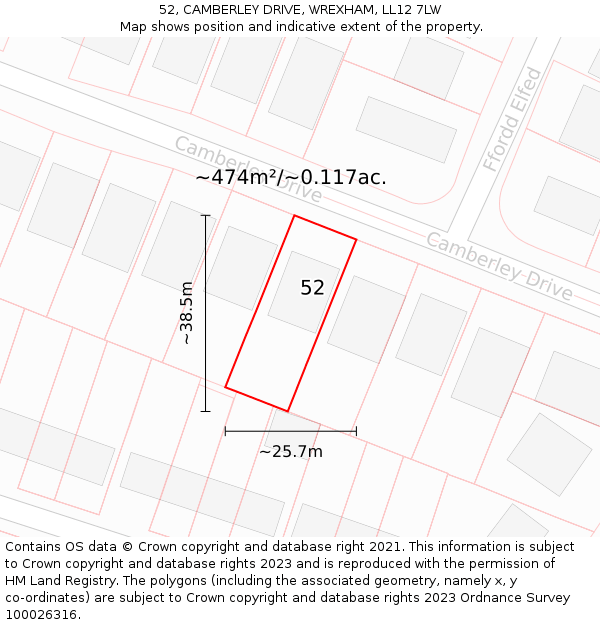 52, CAMBERLEY DRIVE, WREXHAM, LL12 7LW: Plot and title map