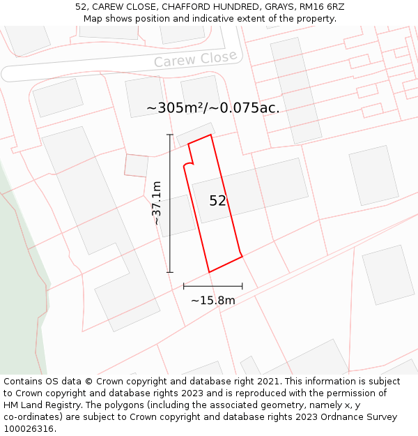 52, CAREW CLOSE, CHAFFORD HUNDRED, GRAYS, RM16 6RZ: Plot and title map