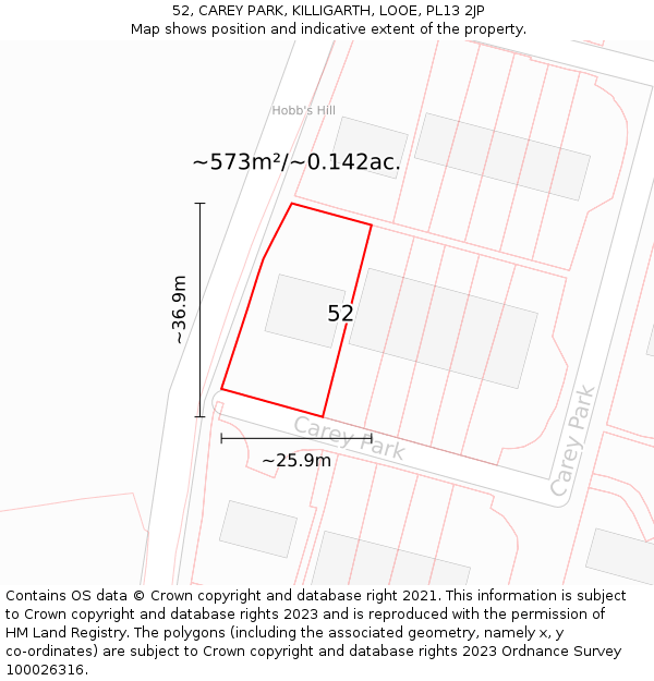 52, CAREY PARK, KILLIGARTH, LOOE, PL13 2JP: Plot and title map