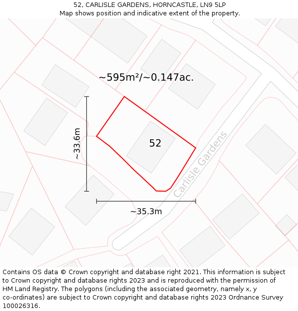 52, CARLISLE GARDENS, HORNCASTLE, LN9 5LP: Plot and title map