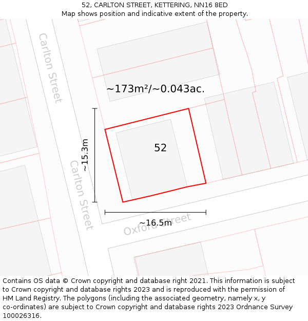 52, CARLTON STREET, KETTERING, NN16 8ED: Plot and title map