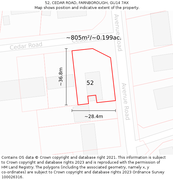 52, CEDAR ROAD, FARNBOROUGH, GU14 7AX: Plot and title map