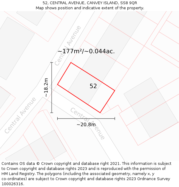 52, CENTRAL AVENUE, CANVEY ISLAND, SS8 9QR: Plot and title map