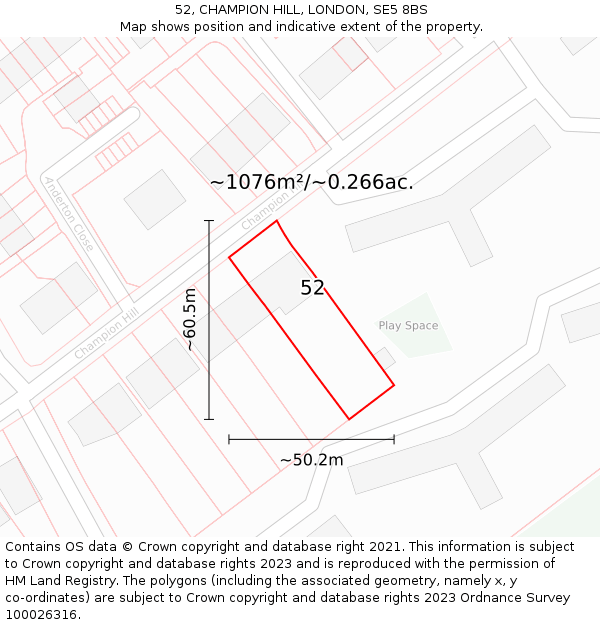 52, CHAMPION HILL, LONDON, SE5 8BS: Plot and title map