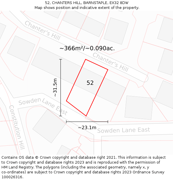 52, CHANTERS HILL, BARNSTAPLE, EX32 8DW: Plot and title map