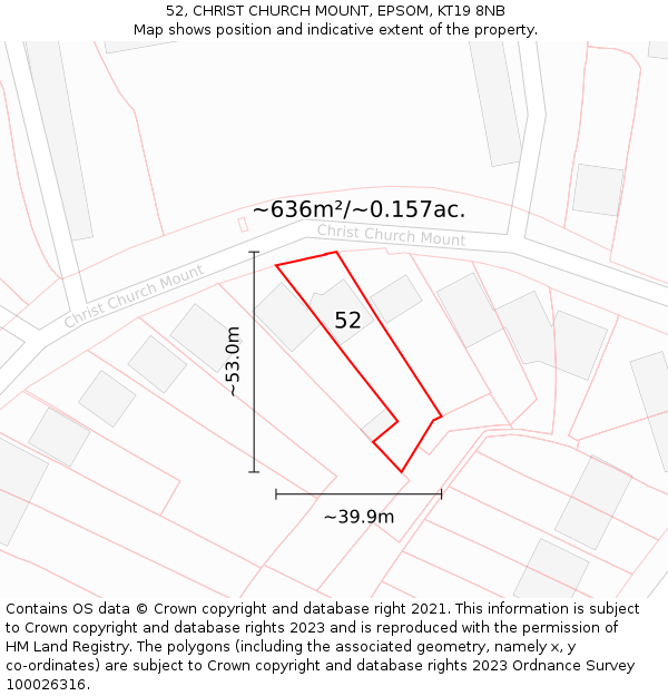 52, CHRIST CHURCH MOUNT, EPSOM, KT19 8NB: Plot and title map