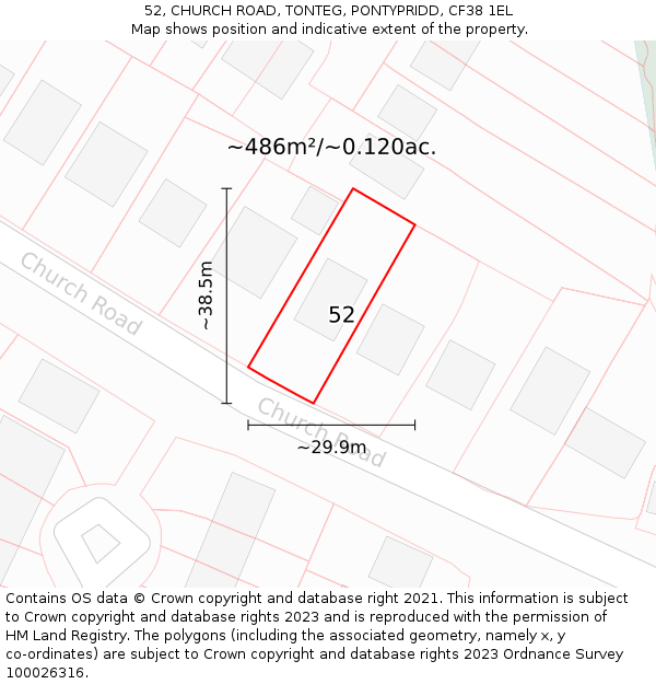 52, CHURCH ROAD, TONTEG, PONTYPRIDD, CF38 1EL: Plot and title map