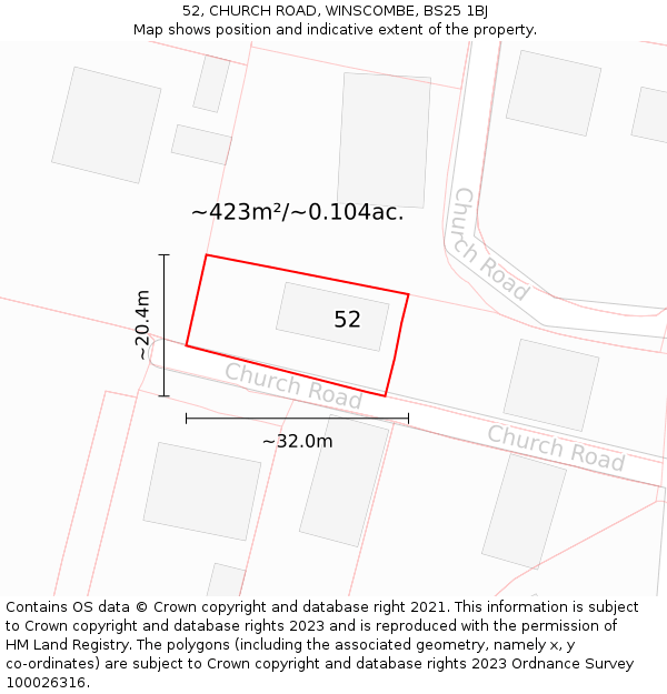 52, CHURCH ROAD, WINSCOMBE, BS25 1BJ: Plot and title map