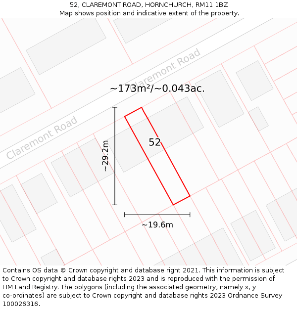 52, CLAREMONT ROAD, HORNCHURCH, RM11 1BZ: Plot and title map
