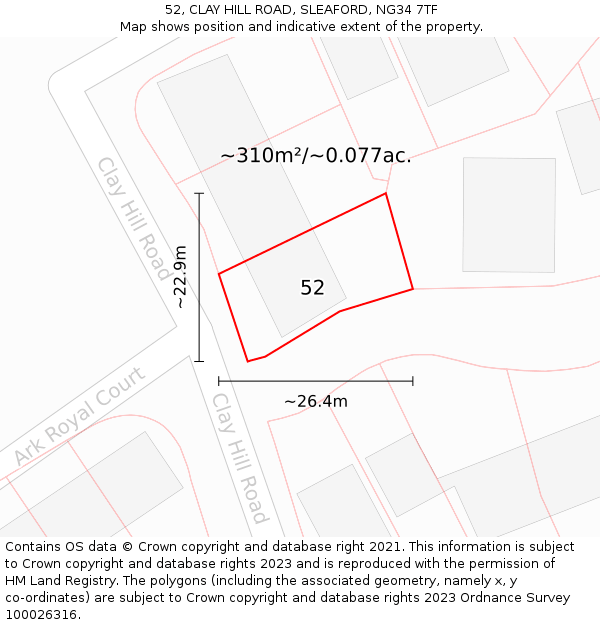 52, CLAY HILL ROAD, SLEAFORD, NG34 7TF: Plot and title map