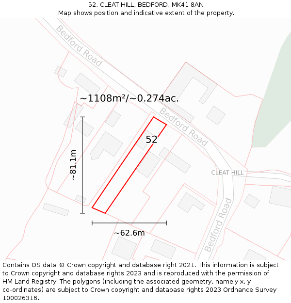 52, CLEAT HILL, BEDFORD, MK41 8AN: Plot and title map