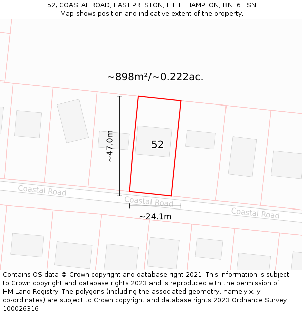 52, COASTAL ROAD, EAST PRESTON, LITTLEHAMPTON, BN16 1SN: Plot and title map