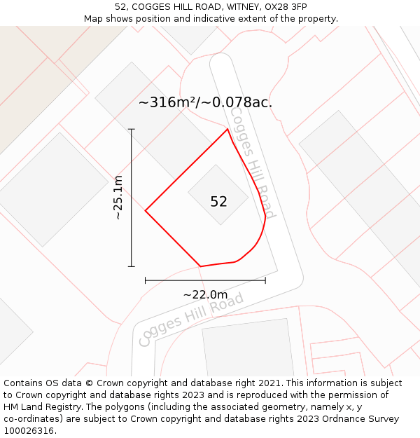 52, COGGES HILL ROAD, WITNEY, OX28 3FP: Plot and title map