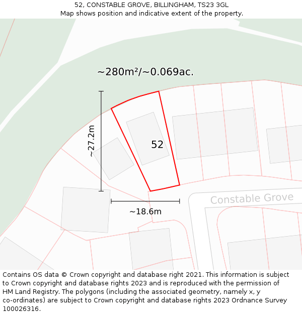 52, CONSTABLE GROVE, BILLINGHAM, TS23 3GL: Plot and title map