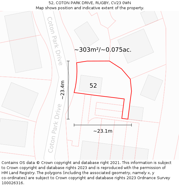 52, COTON PARK DRIVE, RUGBY, CV23 0WN: Plot and title map