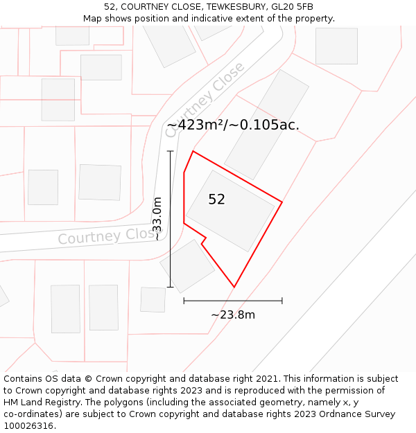 52, COURTNEY CLOSE, TEWKESBURY, GL20 5FB: Plot and title map