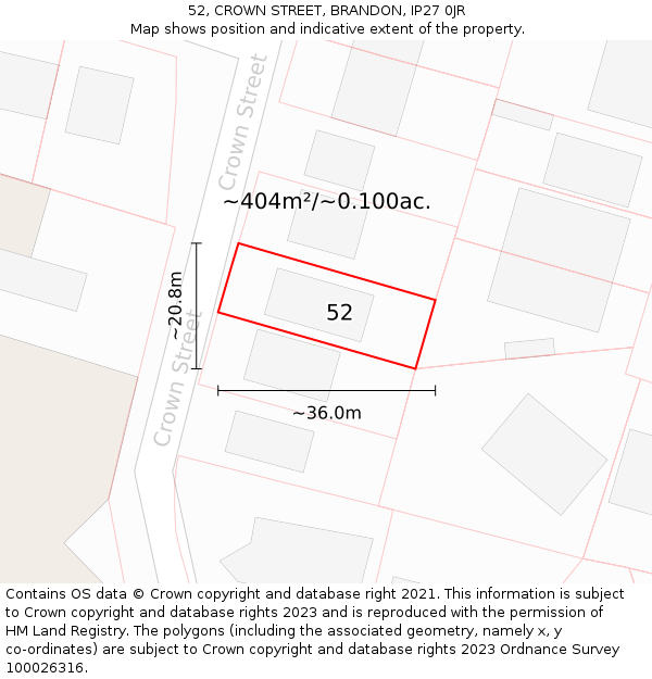 52, CROWN STREET, BRANDON, IP27 0JR: Plot and title map