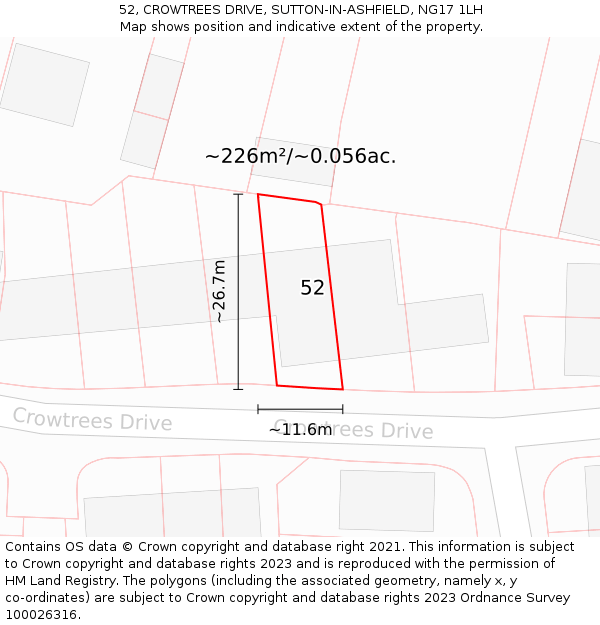 52, CROWTREES DRIVE, SUTTON-IN-ASHFIELD, NG17 1LH: Plot and title map