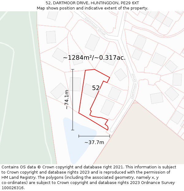 52, DARTMOOR DRIVE, HUNTINGDON, PE29 6XT: Plot and title map