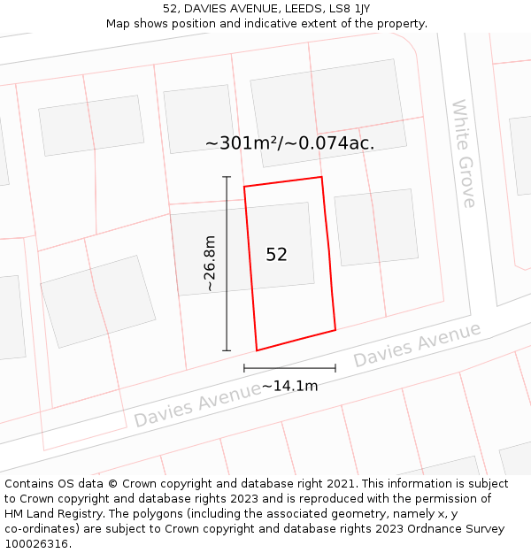 52, DAVIES AVENUE, LEEDS, LS8 1JY: Plot and title map