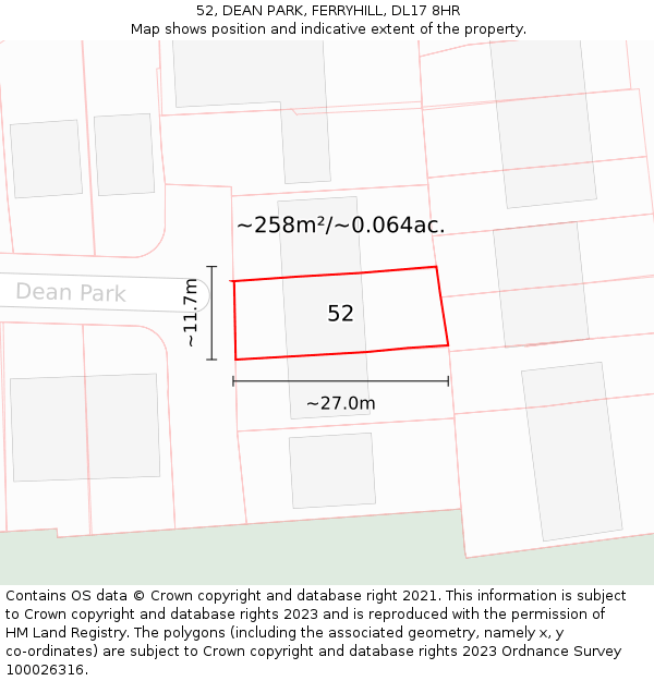 52, DEAN PARK, FERRYHILL, DL17 8HR: Plot and title map
