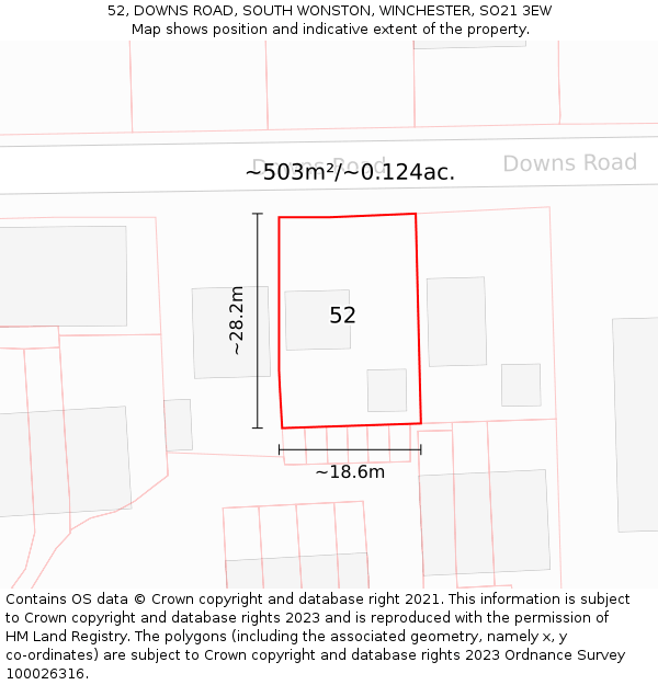 52, DOWNS ROAD, SOUTH WONSTON, WINCHESTER, SO21 3EW: Plot and title map