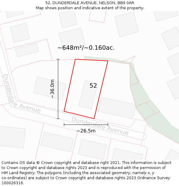 52, DUNDERDALE AVENUE, NELSON, BB9 0AR: Plot and title map