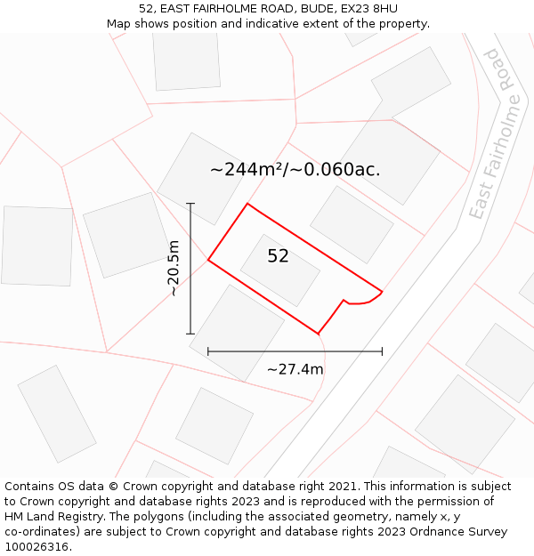 52, EAST FAIRHOLME ROAD, BUDE, EX23 8HU: Plot and title map