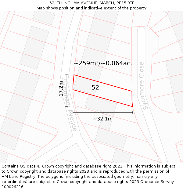 52, ELLINGHAM AVENUE, MARCH, PE15 9TE: Plot and title map