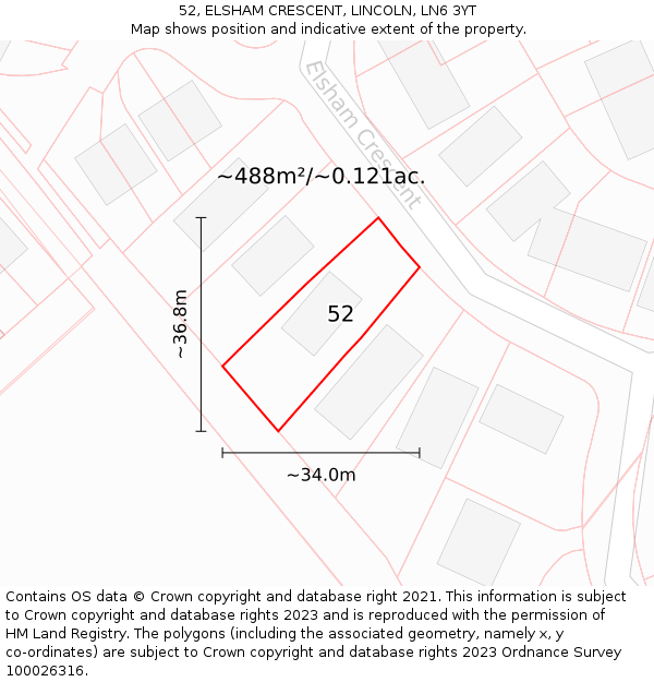 52, ELSHAM CRESCENT, LINCOLN, LN6 3YT: Plot and title map