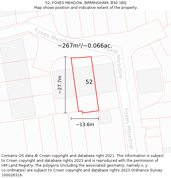 52, FOXES MEADOW, BIRMINGHAM, B30 1BQ: Plot and title map