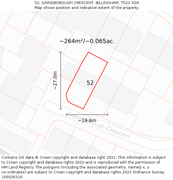 52, GAINSBOROUGH CRESCENT, BILLINGHAM, TS23 3GA: Plot and title map