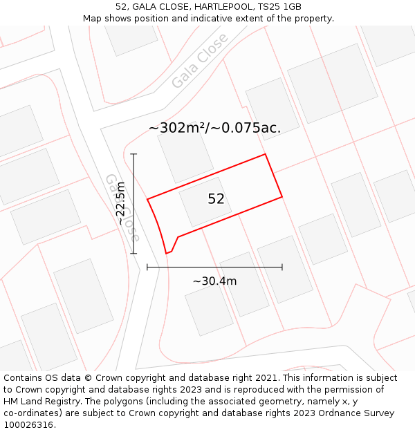 52, GALA CLOSE, HARTLEPOOL, TS25 1GB: Plot and title map