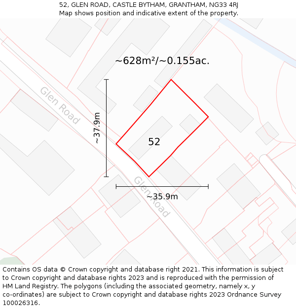 52, GLEN ROAD, CASTLE BYTHAM, GRANTHAM, NG33 4RJ: Plot and title map