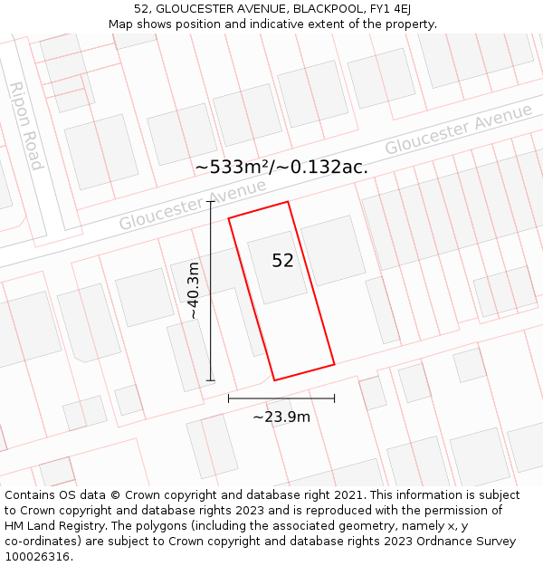52, GLOUCESTER AVENUE, BLACKPOOL, FY1 4EJ: Plot and title map