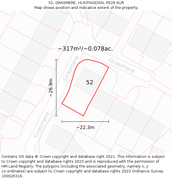 52, GRASMERE, HUNTINGDON, PE29 6UR: Plot and title map