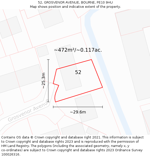 52, GROSVENOR AVENUE, BOURNE, PE10 9HU: Plot and title map