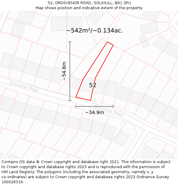 52, GROSVENOR ROAD, SOLIHULL, B91 3PU: Plot and title map